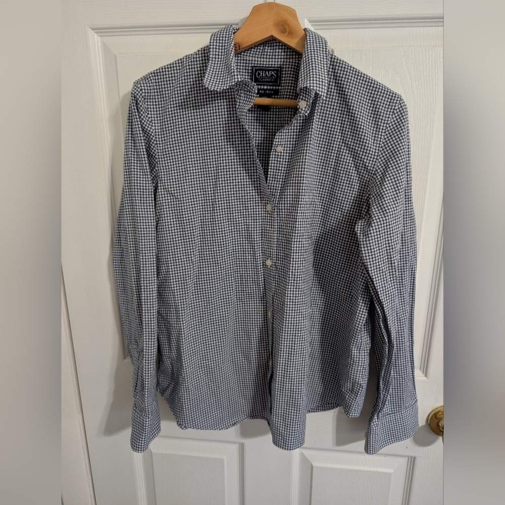 Chaps Womens Top Gingham Blue White Long Sleeve Button Down No Iron Large
